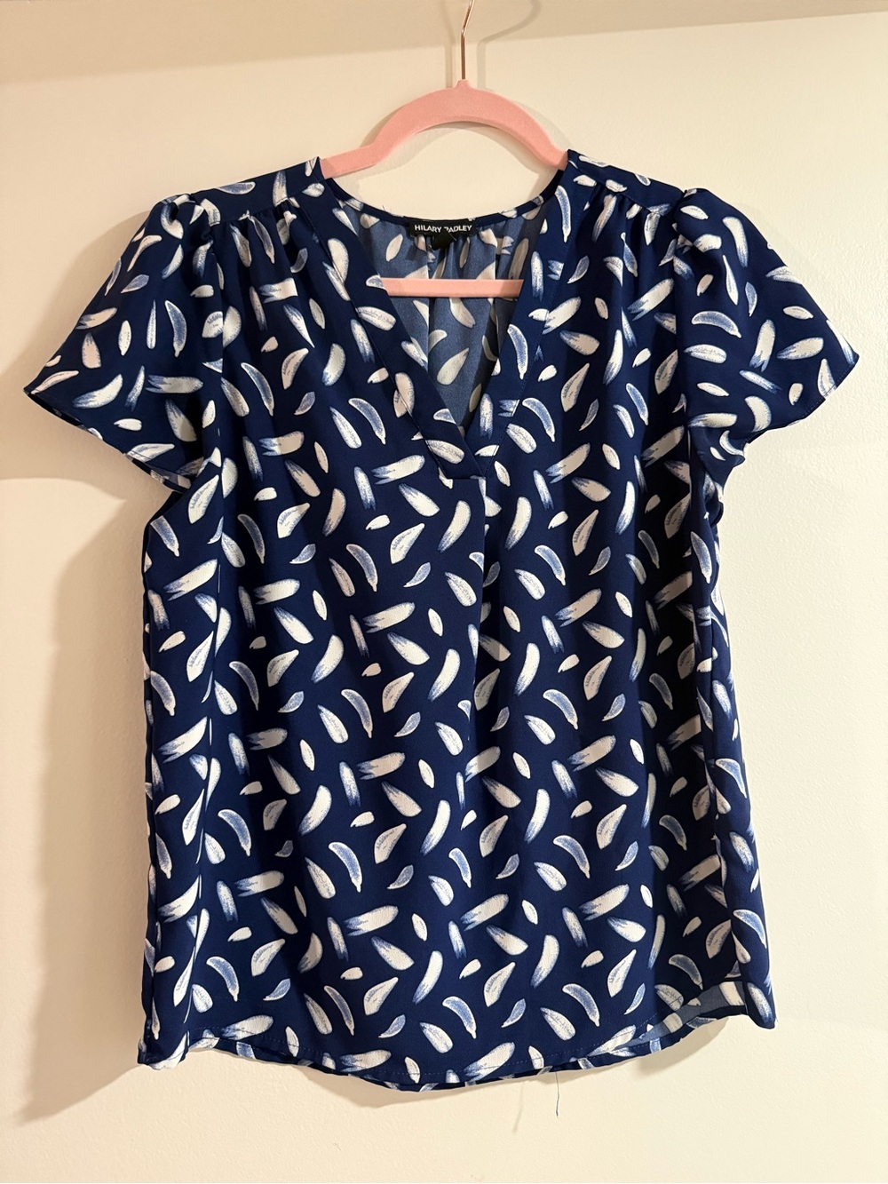 Hilary Radley Navy Feather-Print V-Neck Blouse